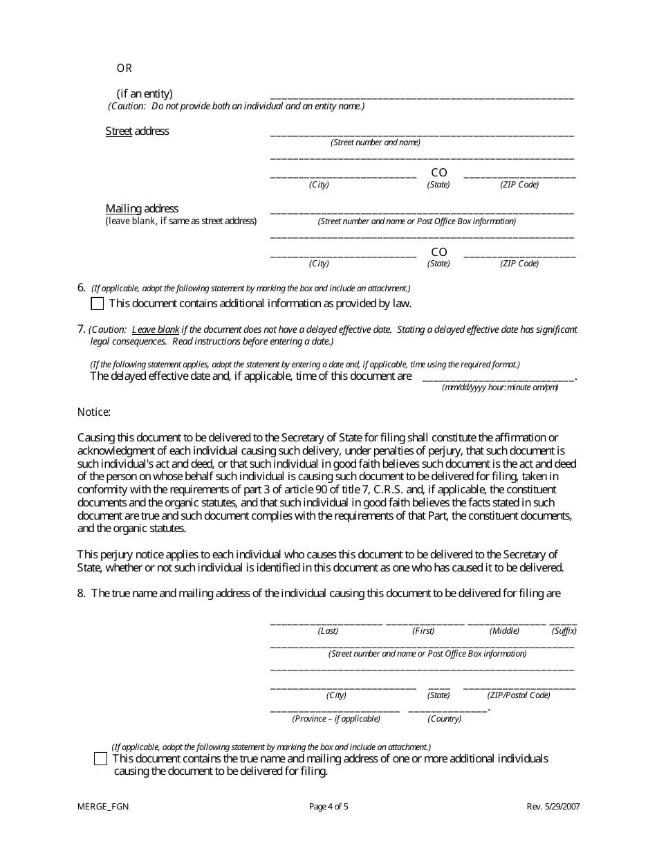 Statement of Merger (Surviving Entity Is a Foreign Entity) - Colorado, Page 4