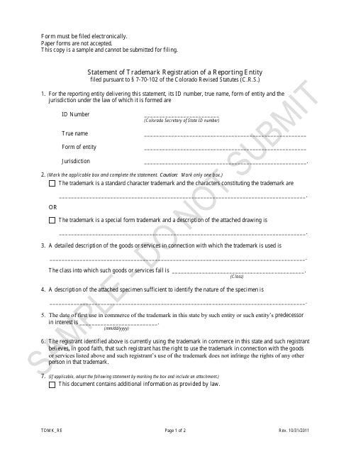 Statement of Trademark Registration of a Reporting Entity - Sample - Colorado Download Pdf