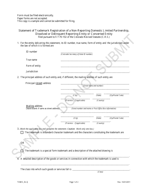 Statement of Trademark Registration of a Non-reporting Domestic Limited Partnership, Dissolved or Delinquent Reporting Entity or Converted Entity - Sample - Colorado Download Pdf