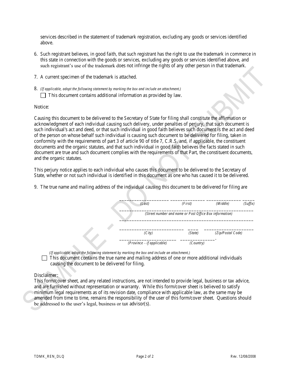Statement of Renewal of Trademark Registration of an Individual Resident of Colorado, a Non-reporting Domestic Limited Partnership, a Dissolved or Delinquent Reporting Entity or a Converted Entity - Sample - Colorado, Page 2