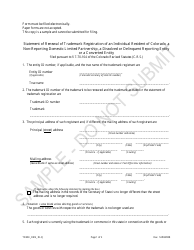 Document preview: Statement of Renewal of Trademark Registration of an Individual Resident of Colorado, a Non-reporting Domestic Limited Partnership, a Dissolved or Delinquent Reporting Entity or a Converted Entity - Sample - Colorado