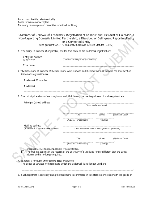 Statement of Renewal of Trademark Registration of an Individual Resident of Colorado, a Non-reporting Domestic Limited Partnership, a Dissolved or Delinquent Reporting Entity or a Converted Entity - Sample - Colorado Download Pdf