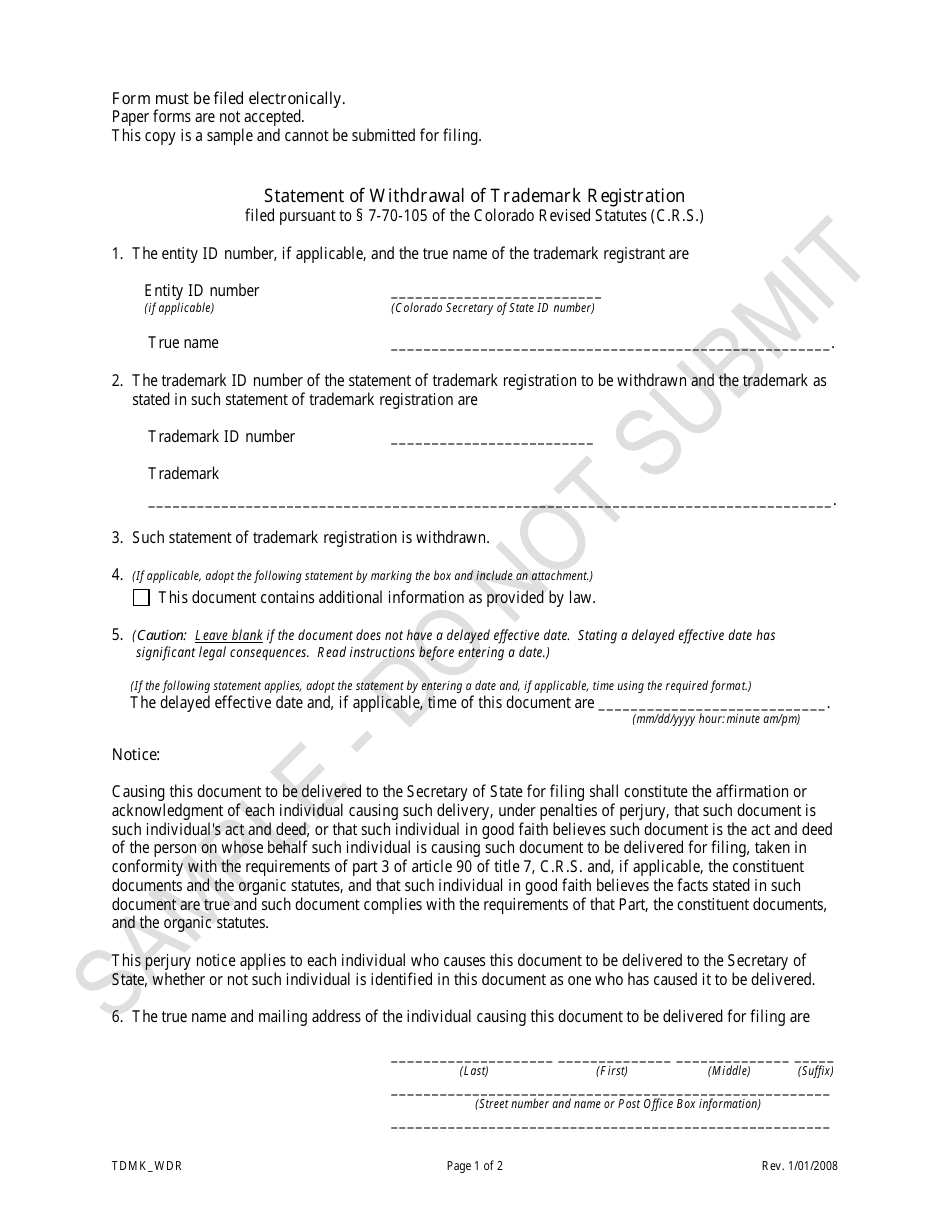 Statement of Withdrawal of Trademark Registration - Sample - Colorado, Page 1