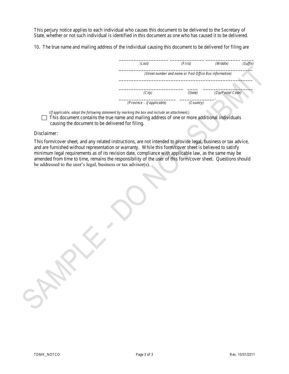 Statement of Trademark Registration of an Individual Not a Resident of Colorado - Sample - Colorado, Page 3
