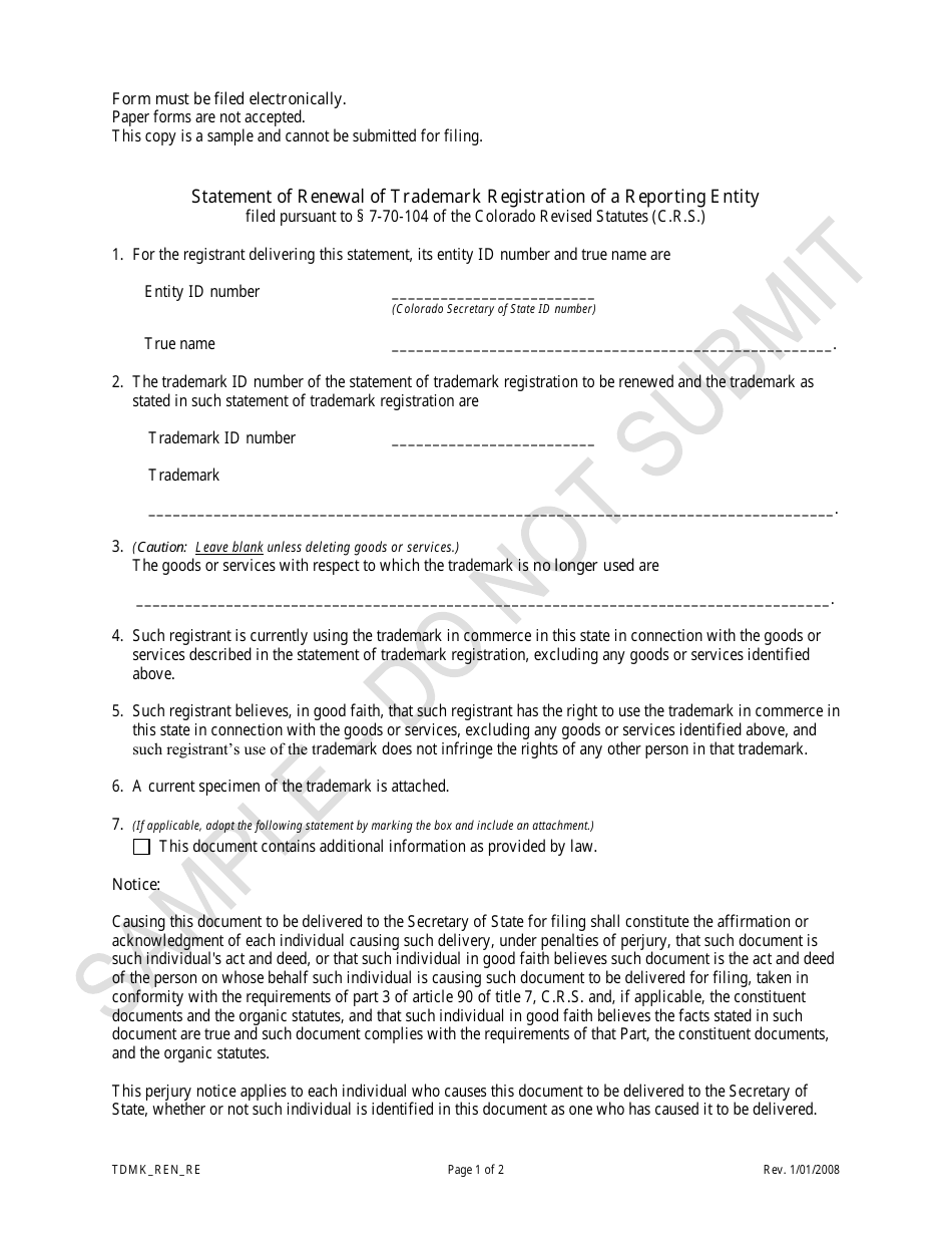 Statement of Renewal of Trademark Registration of a Reporting Entity - Sample - Colorado, Page 1