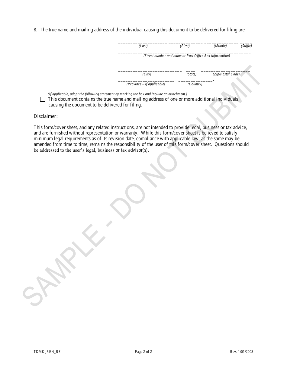 Statement of Renewal of Trademark Registration of a Reporting Entity - Sample - Colorado, Page 2