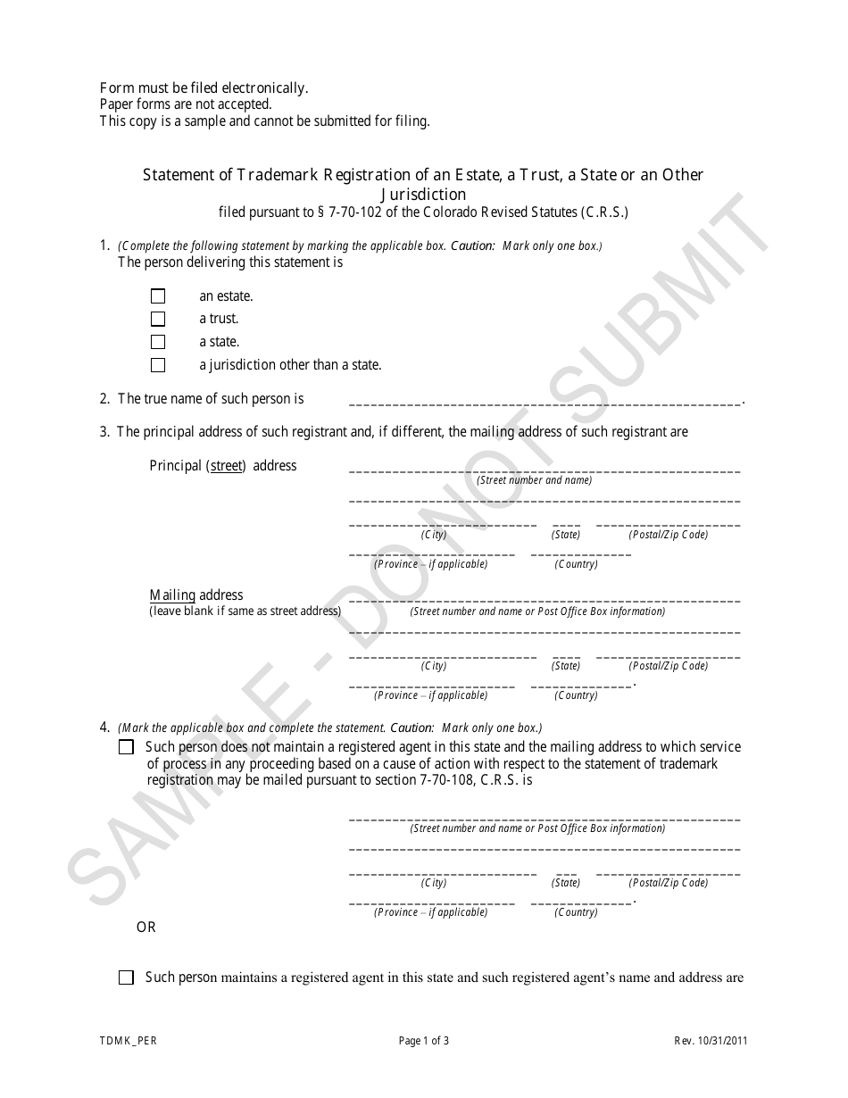 Statement of Trademark Registration of an Estate, a Trust, a State or an Other Jurisdiction - Sample - Colorado, Page 1