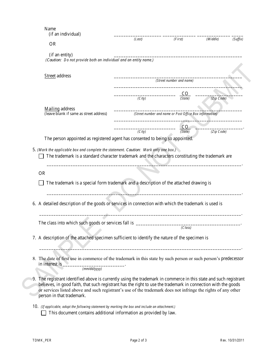 Statement of Trademark Registration of an Estate, a Trust, a State or an Other Jurisdiction - Sample - Colorado, Page 2