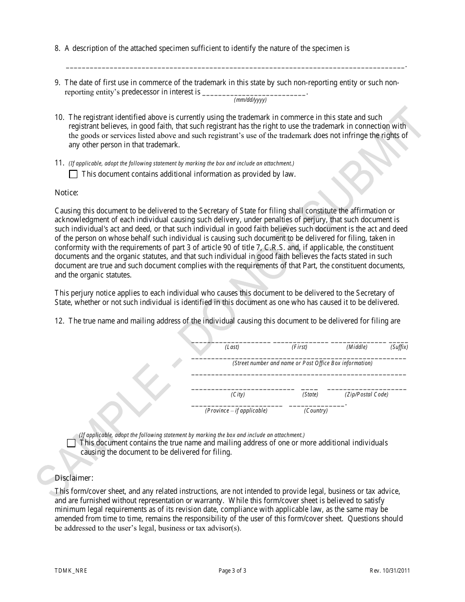 Colorado Statement of Trademark Registration of a Non-reporting Entity ...