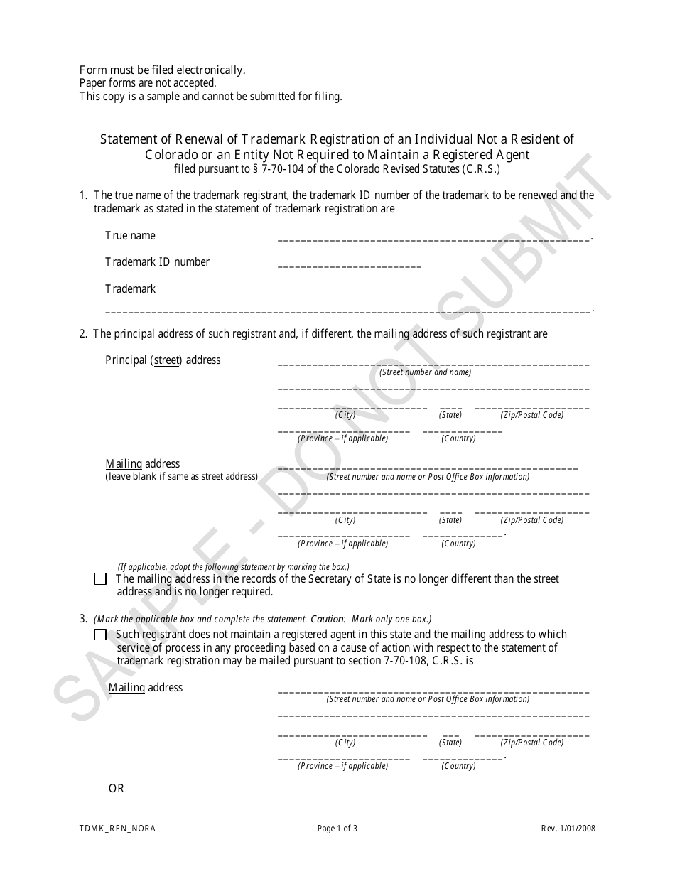 Statement of Renewal of Trademark Registration of an Individual Not a Resident of Colorado or an Entity Not Required to Maintain a Registered Agent - Sample - Colorado, Page 1