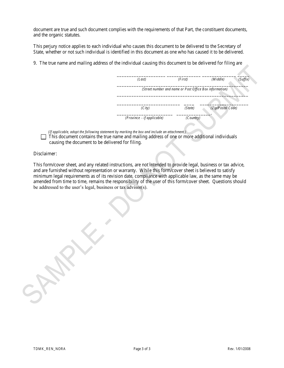 Statement of Renewal of Trademark Registration of an Individual Not a Resident of Colorado or an Entity Not Required to Maintain a Registered Agent - Sample - Colorado, Page 3