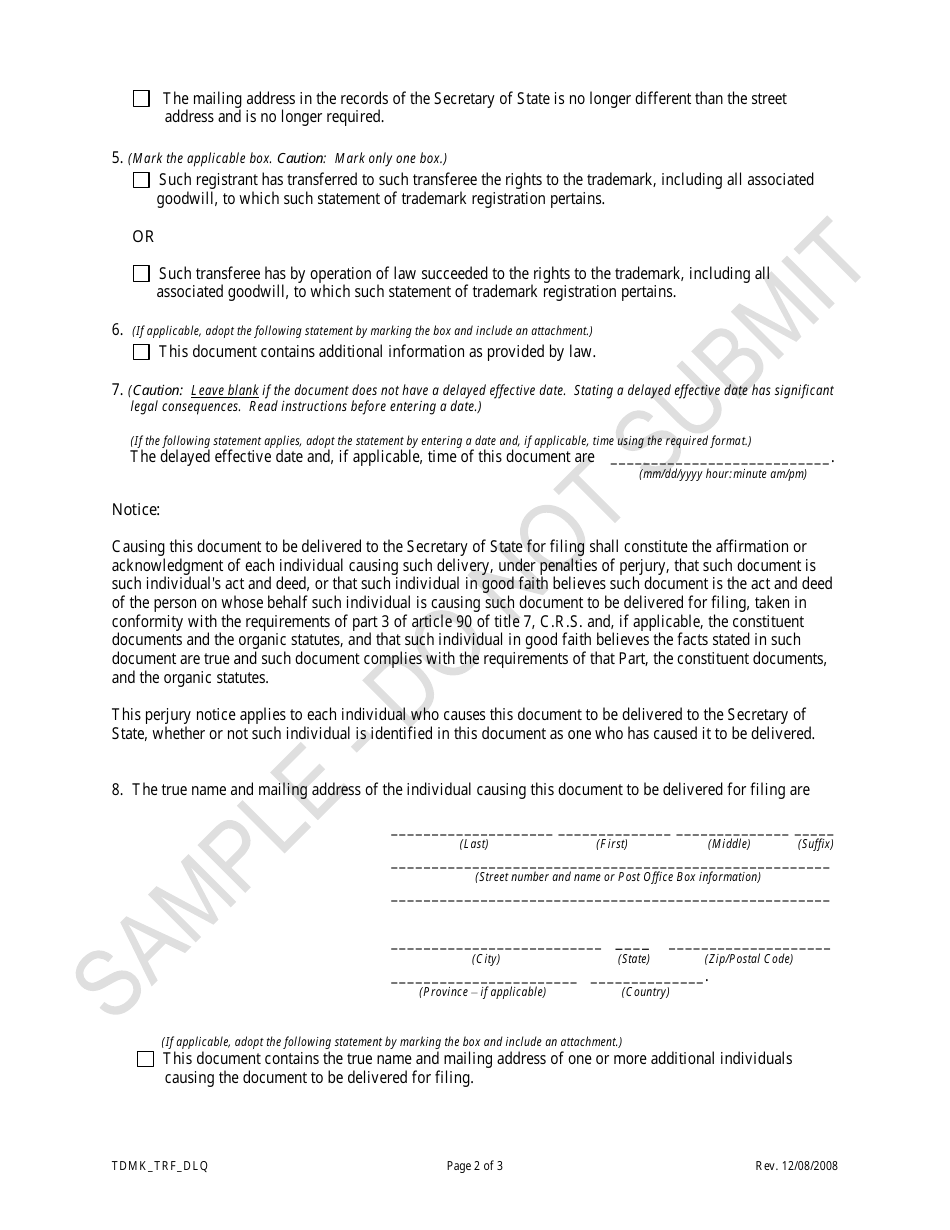 Statement of Transfer of Trademark Registration Transferring a Trademark to a Non-reporting Domestic Limited Partnership, Dissolved or Delinquent Reporting Entity or Converted Entity - Sample - Colorado, Page 2