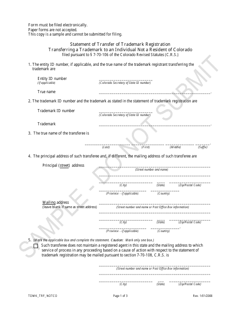 Statement of Transfer of Trademark Registration Transferring a Trademark to an Individual Not a Resident of Colorado - Sample - Colorado Download Pdf