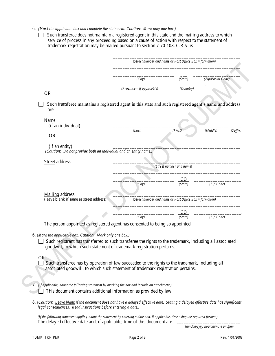 Statement of Transfer of Trademark Registration Transferring a Trademark to an Estate, a Trust, a State or an Other Jurisdiction - Sample - Colorado, Page 2