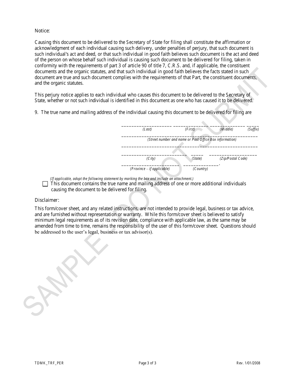 Statement of Transfer of Trademark Registration Transferring a Trademark to an Estate, a Trust, a State or an Other Jurisdiction - Sample - Colorado, Page 3
