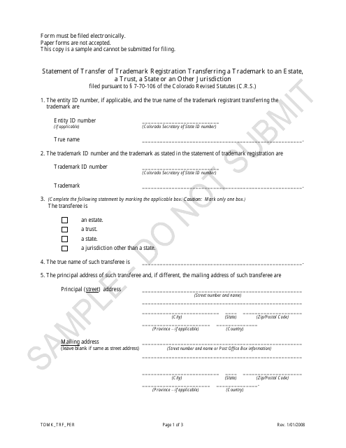 Statement of Transfer of Trademark Registration Transferring a Trademark to an Estate, a Trust, a State or an Other Jurisdiction - Sample - Colorado Download Pdf