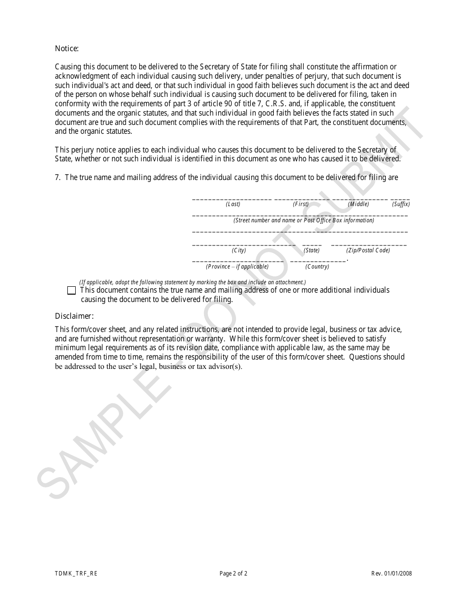 Statement of Transfer of Trademark Registration Transferring a Trademark to a Reporting Entity - Sample - Colorado, Page 2