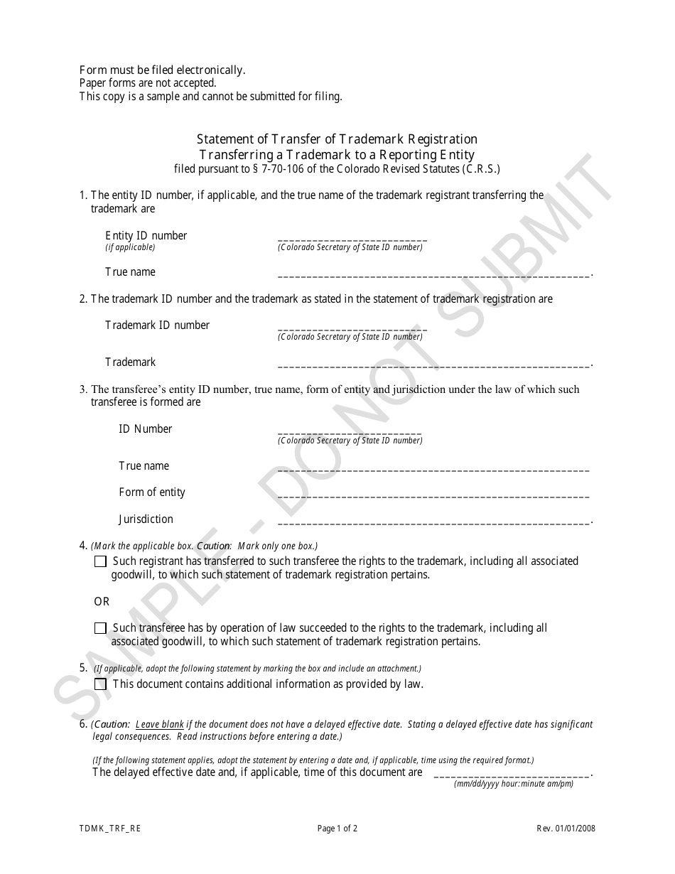 Colorado Statement of Transfer of Trademark Registration Transferring a Colorado Statement of Transfer of Trademark Registration Transferring a