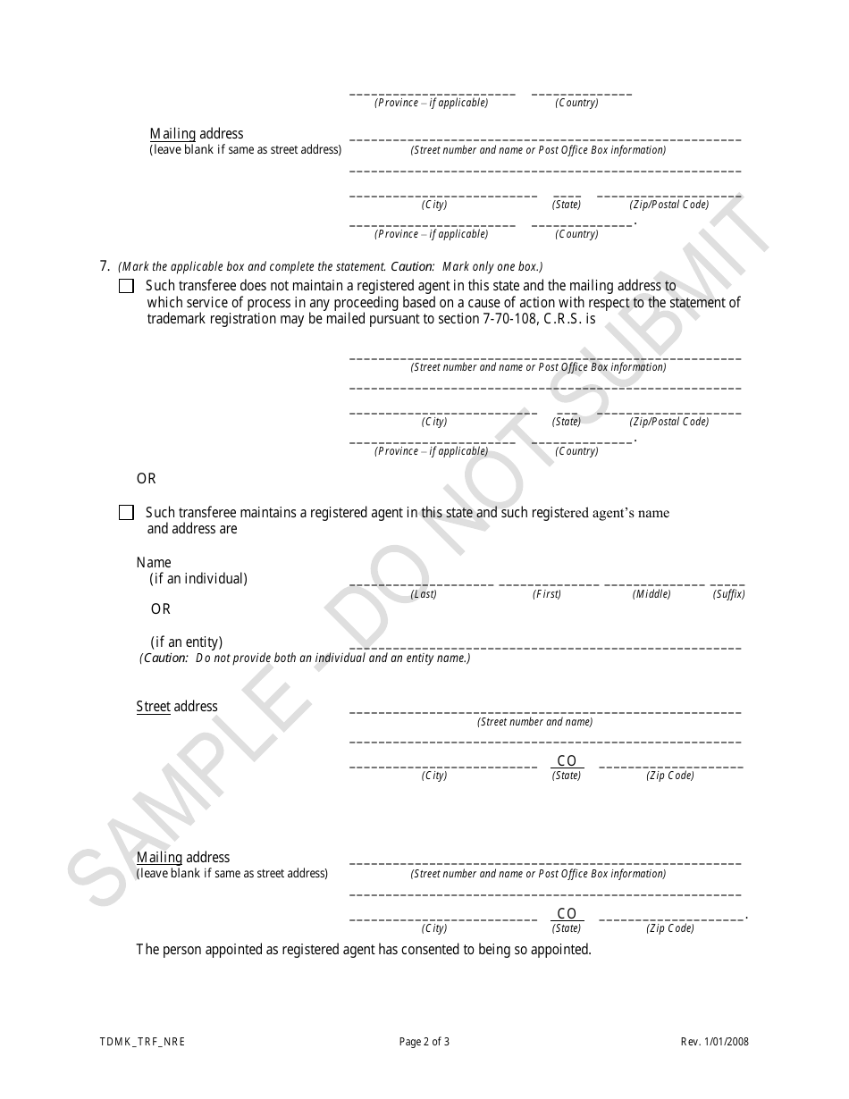 Statement of Transfer of Trademark Registration Transferring a Trademark to a Non-reporting Entity - Sample - Colorado, Page 2