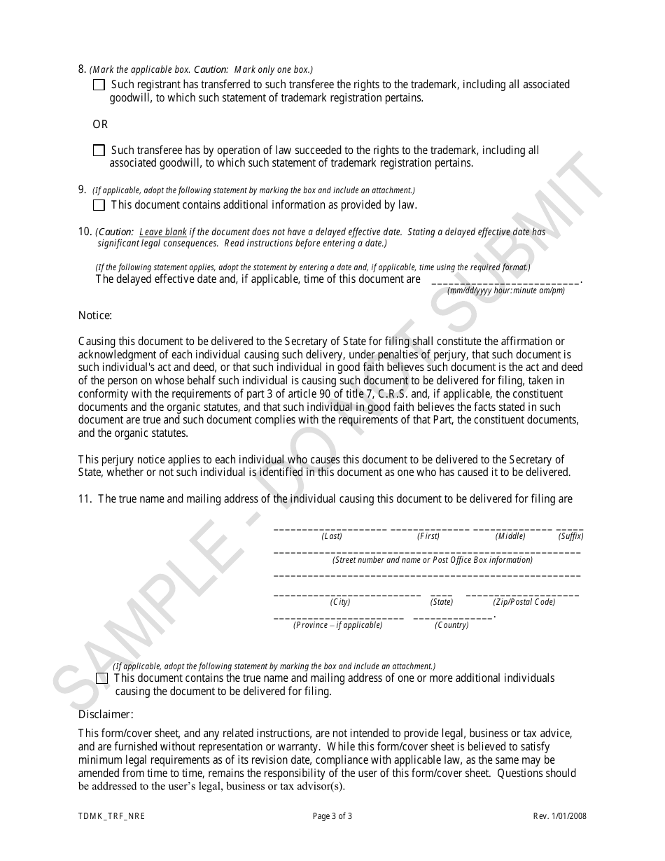 Colorado Statement Of Transfer Of Trademark Registration Transferring A 