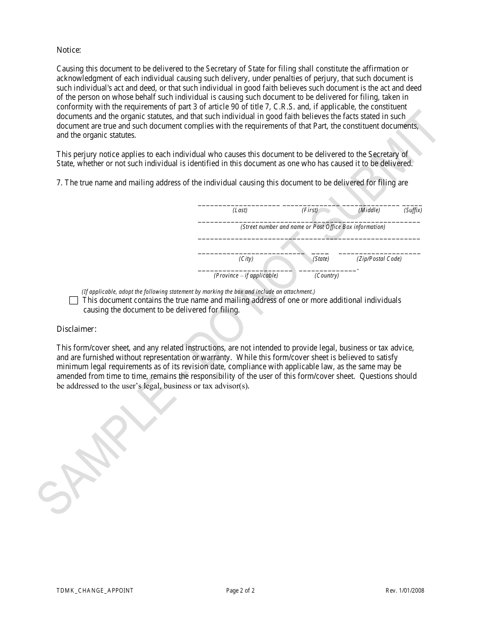 Statement of Change of Trademark Information Changing the Address for Service of Process by Appointing a Registered Agent - Sample - Colorado, Page 2