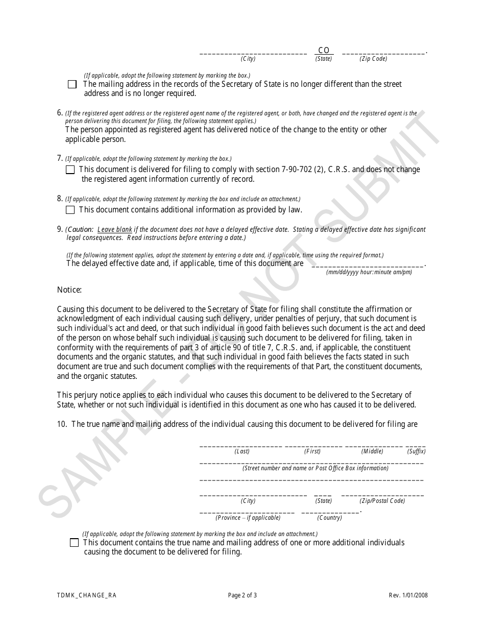 Statement of Change of Trademark Information Changing the Registered Agent Information - Sample - Colorado, Page 2