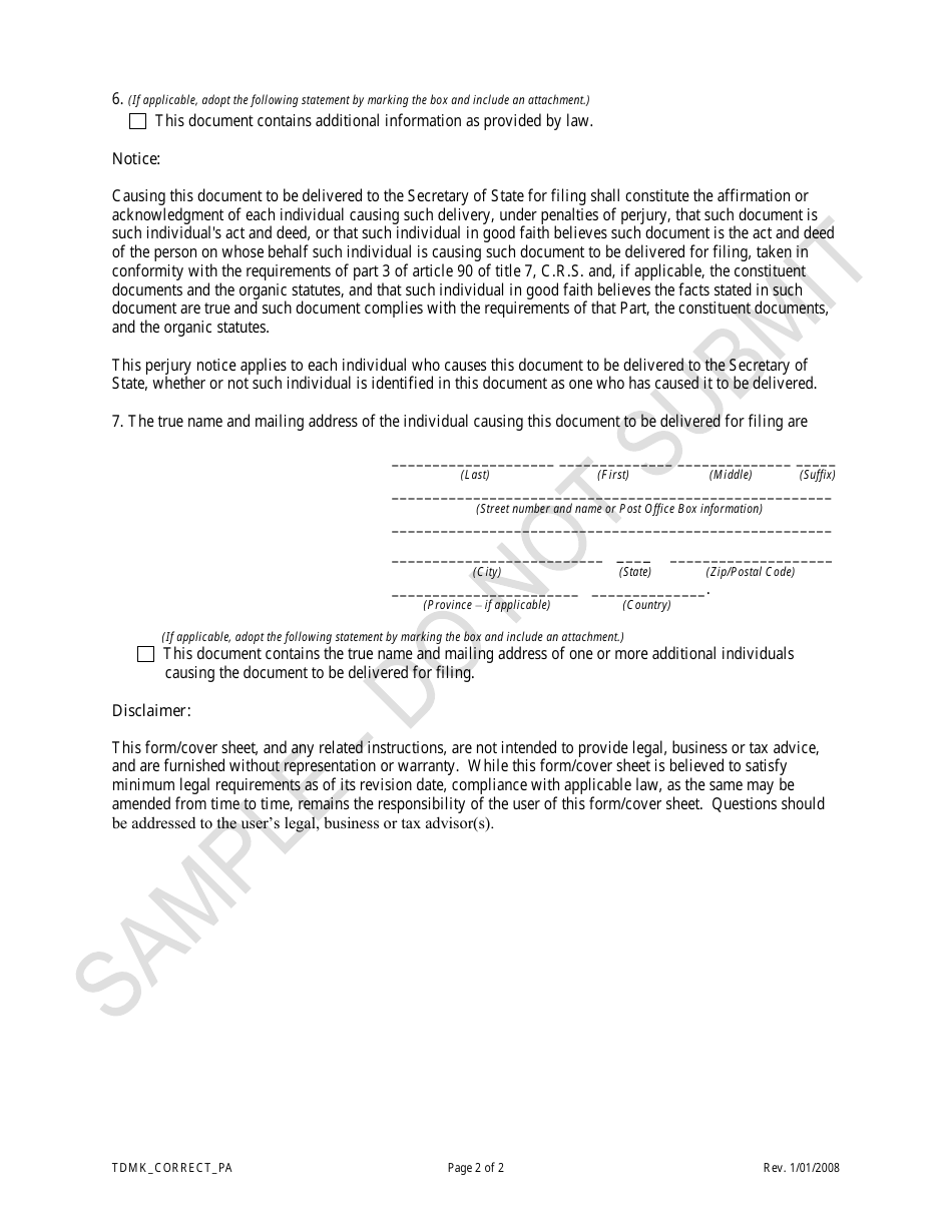 Statement of Correction of Trademark Information Correcting the Principal Address - Sample - Colorado, Page 2
