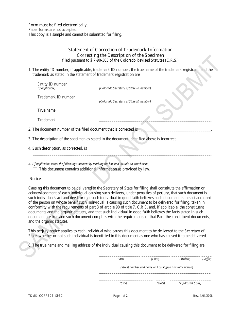 Colorado Statement of Correction of Trademark Information Correcting