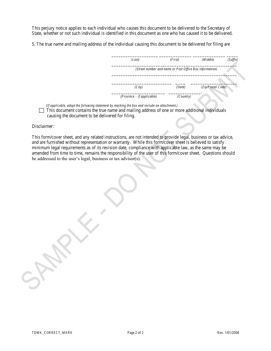 Statement of Correction of Trademark Information Correcting the Trademark - Sample - Colorado, Page 2
