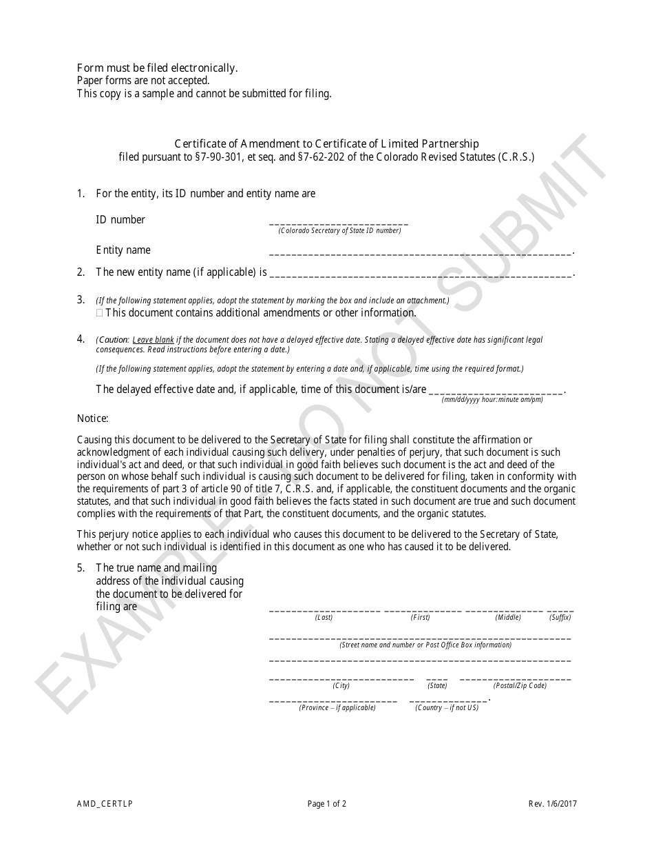 Certificate of Amendment to Certificate of Limited Partnership - Sample - Colorado, Page 1