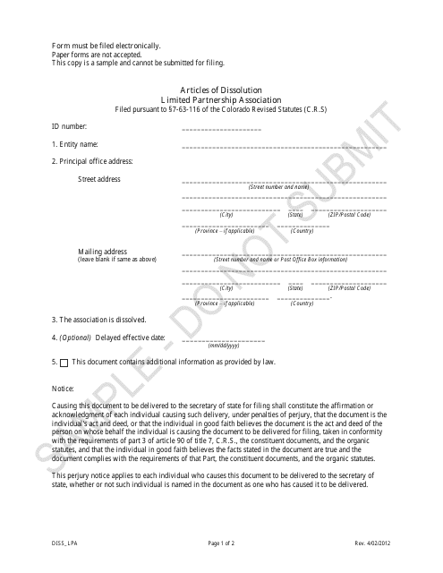 Articles of Dissolution - Limited Partnership Associations - Sample - Colorado Download Pdf