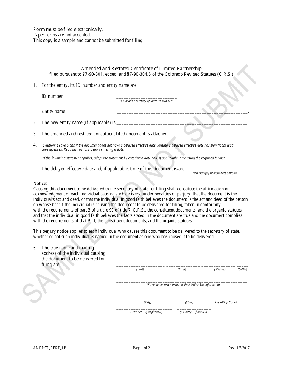Amended and Restated Certificate of Limited Partnership - Sample - Colorado, Page 1