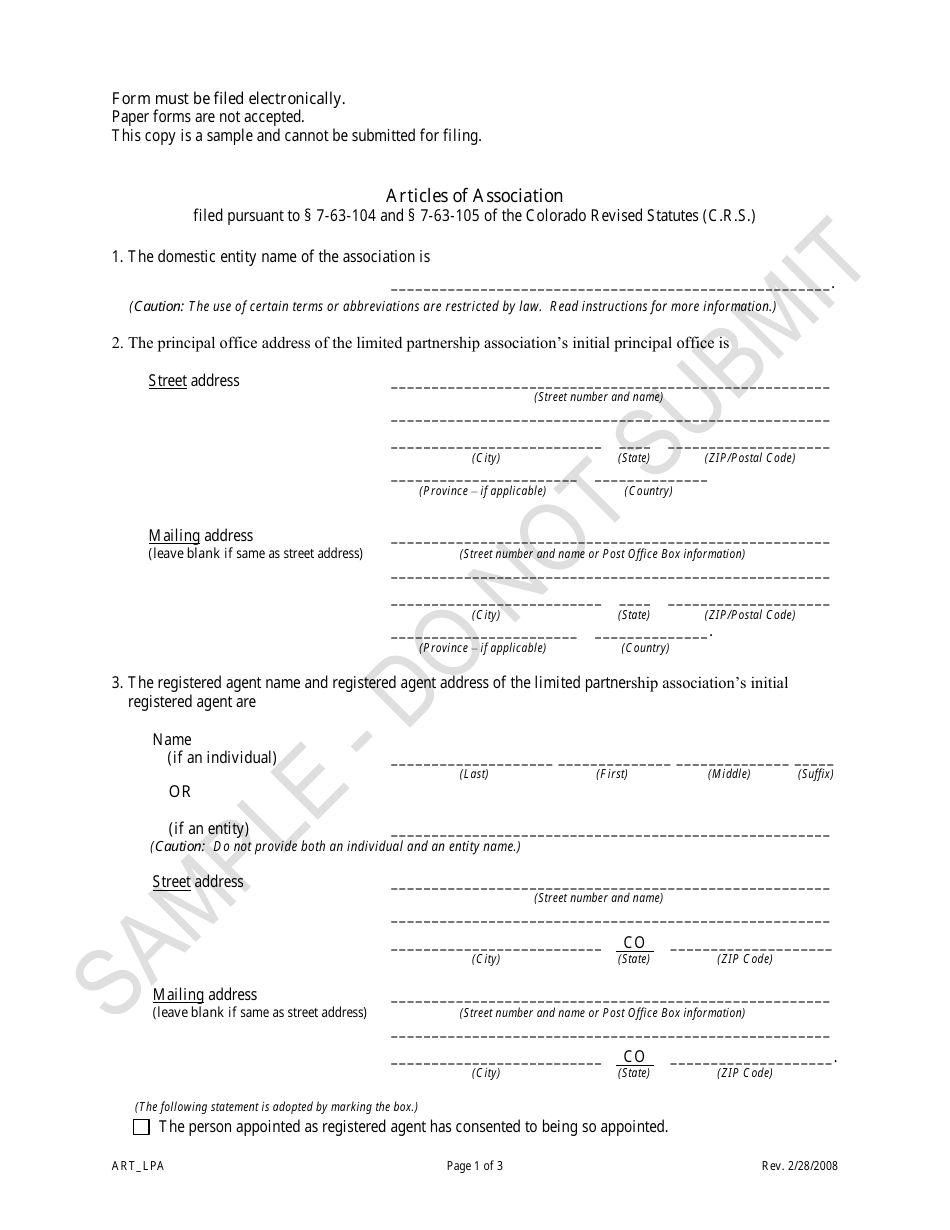 Colorado Articles Of Association Limited Partnership Associations Sample Download Printable 7263