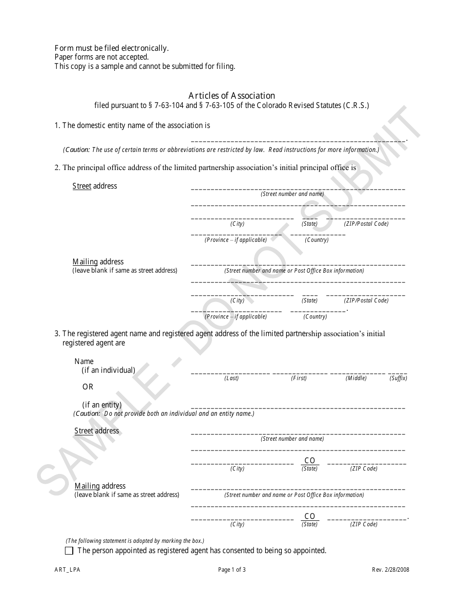 Articles of Association - Limited Partnership Associations - Sample - Colorado, Page 1