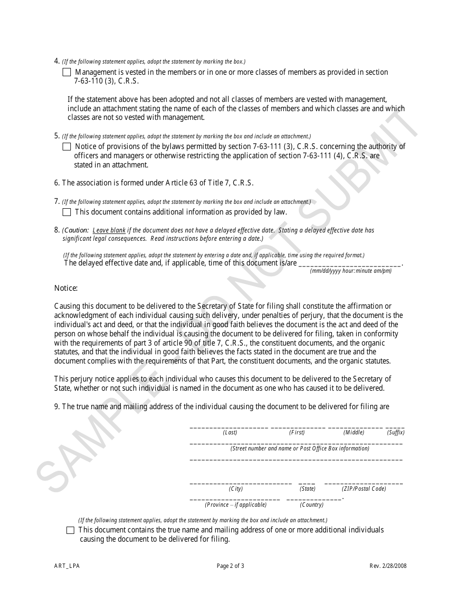 Articles of Association - Limited Partnership Associations - Sample - Colorado, Page 2