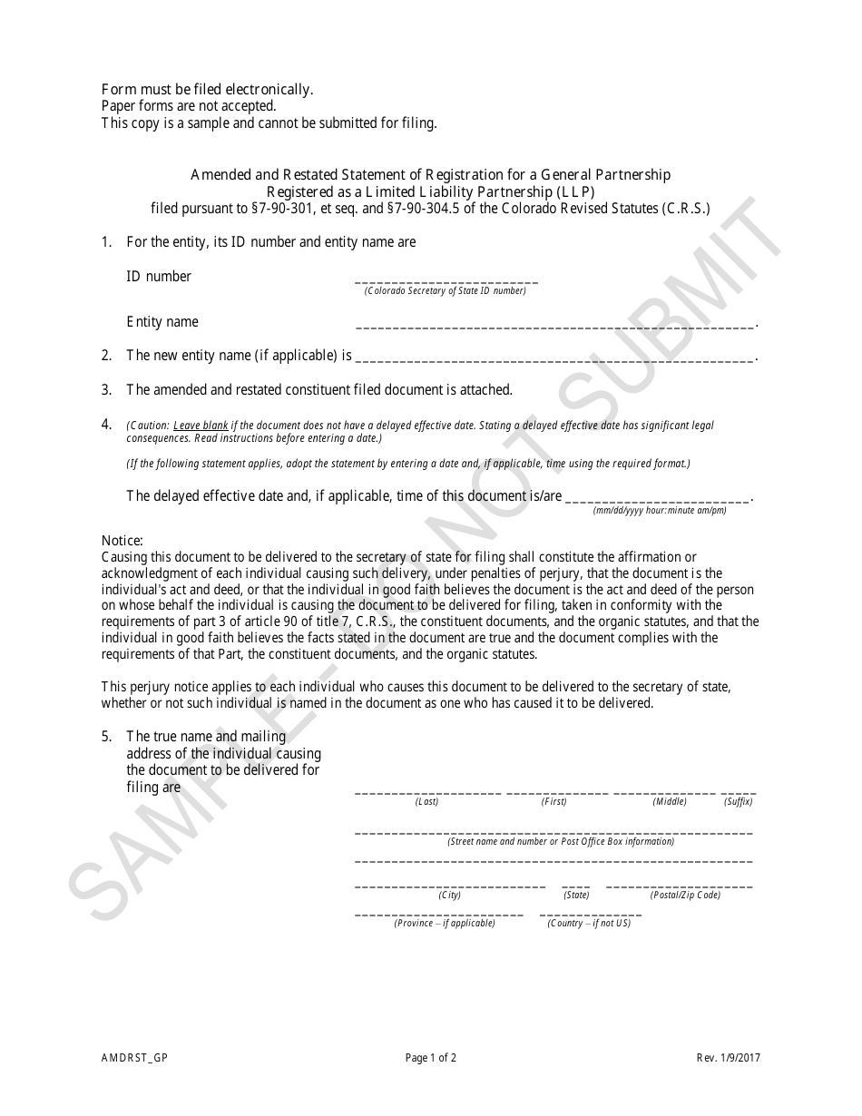 Amended and Restated Statement of Registration for a General Partnership Registered as a Limited Liability Partnership (LLP ) - Sample - Colorado, Page 1