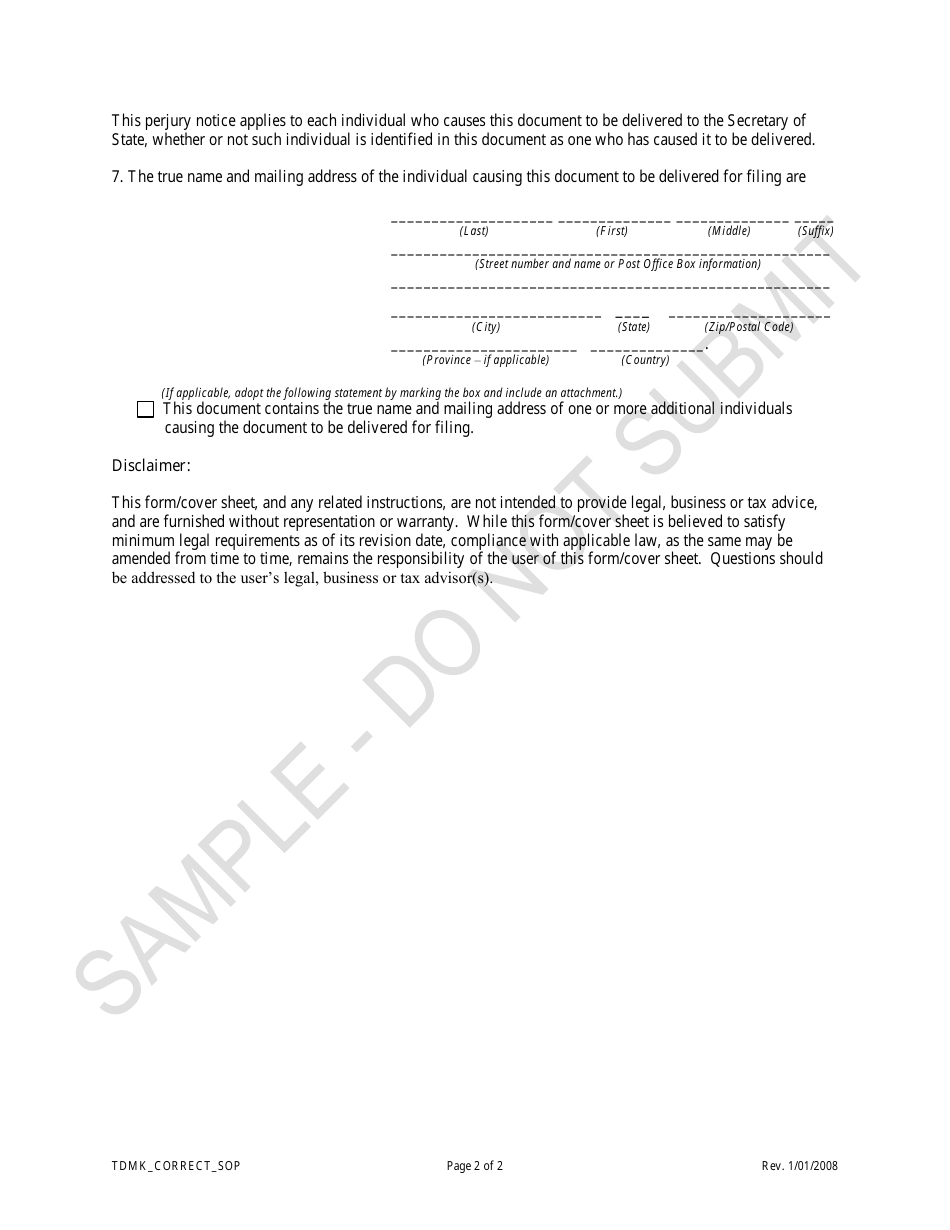 Statement of Correction of Trademark Information Correcting the Address for Service of Process - Sample - Colorado, Page 2