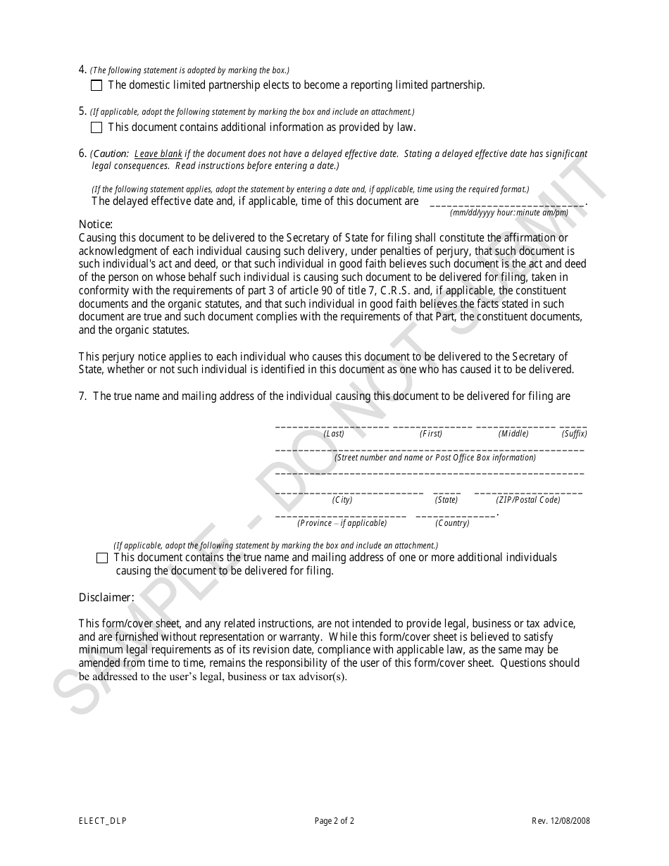 Statement of Election to Be a Reporting Entity - Limited Partnerships - Sample - Colorado, Page 2