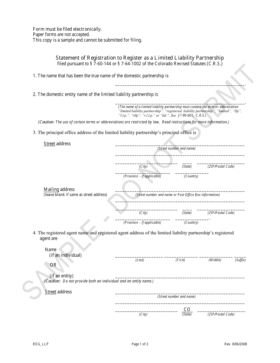 Statement of Registration to Register as a Limited Liability Partnership - Sample - Colorado, Page 1