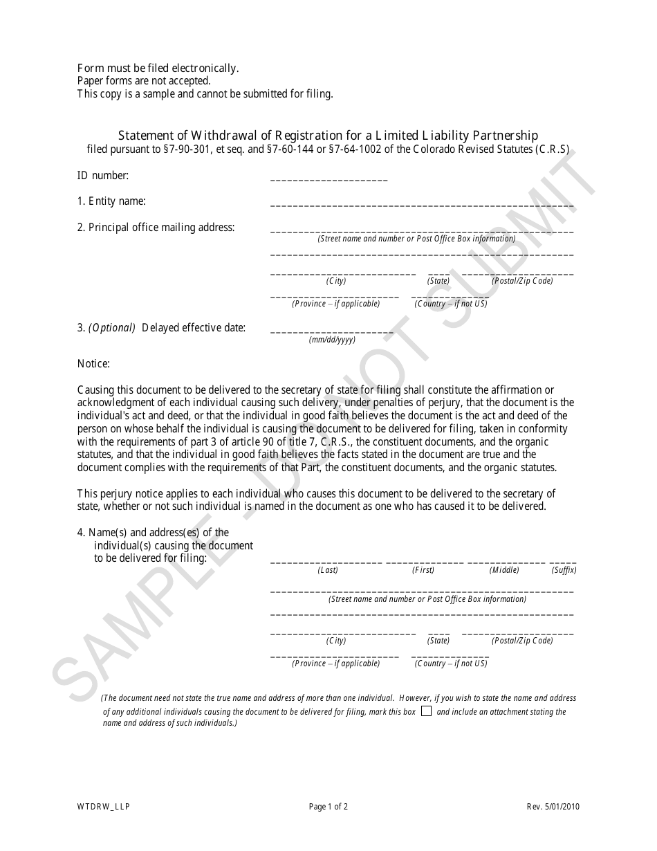 Statement of Withdrawal of Registration for a Limited Liability Partnership - Sample - Colorado, Page 1
