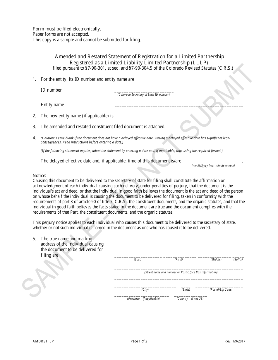 Amended and Restated Statement of Registration for a Limited Partnership Registered as a Limited Liability Limited Partnership (Lllp) - Sample - Colorado, Page 1