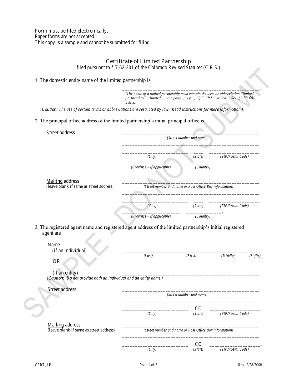Certificate of Limited Partnership - Sample - Colorado, Page 1