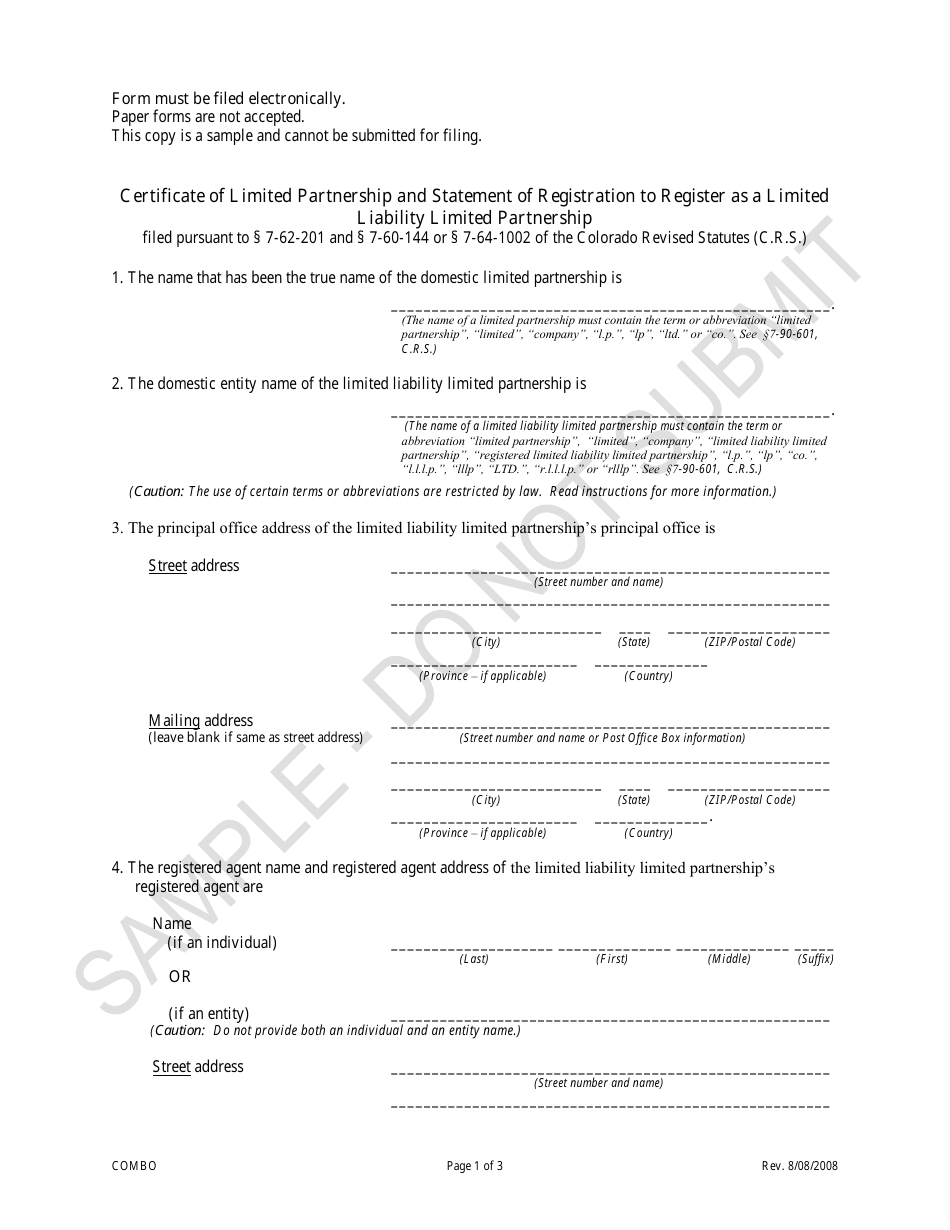 Certificate of Limited Partnership and Statement of Registration to Register as a Limited Liability Limited Partnership - Sample - Colorado, Page 1