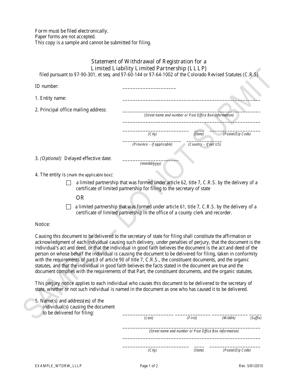 Statement of Withdrawal of Registration for a Limited Liability Limited Partnership (Lllp) - Sample - Colorado, Page 1