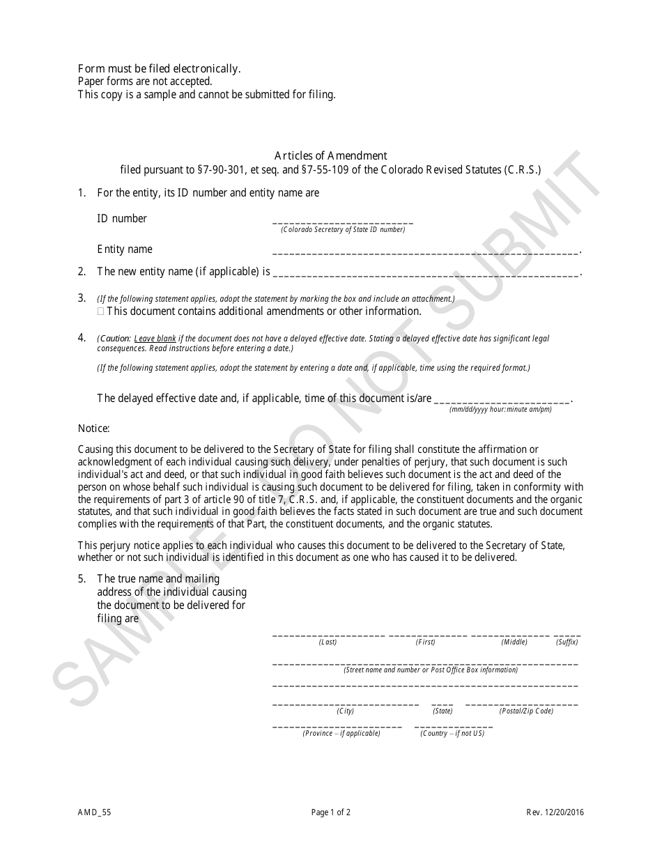 Articles of Amendment - Article 55 Cooperative Associations - Sample - Colorado, Page 1