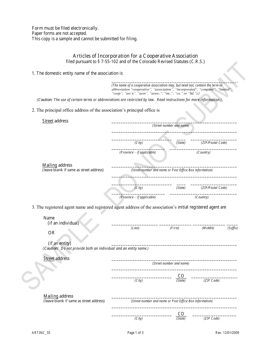 Articles of Incorporation for a Cooperative Association - Article 55 Cooperative Associations - Sample - Colorado, Page 1