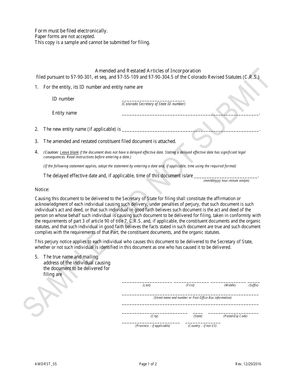 Amended and Restated Articles of Incorporation - Article 55 Cooperative Associations - Sample - Colorado, Page 1