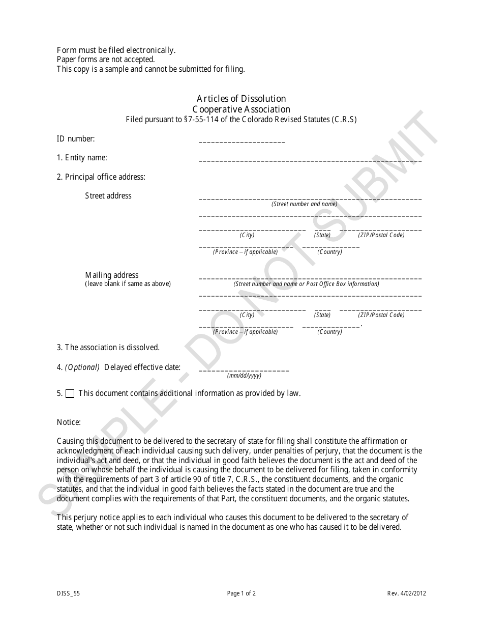 Articles of Dissolution - Article 55 Cooperative Associations - Sample - Colorado, Page 1