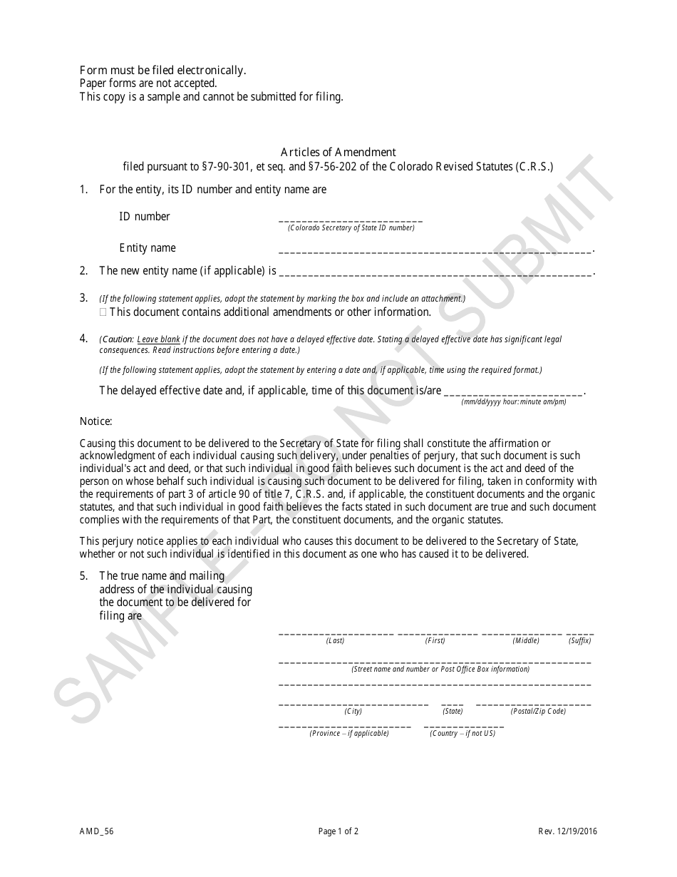 Articles of Amendment - Article 56 Cooperatives - Sample - Colorado, Page 1