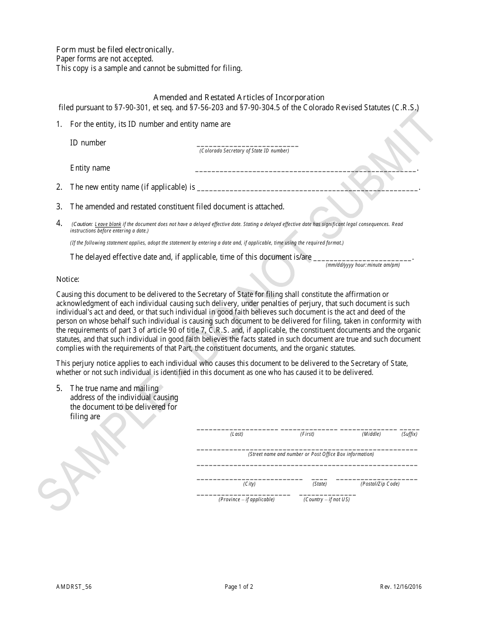 Amended and Restated Articles of Incorporation - Article 56 Cooperatives - Sample - Colorado, Page 1